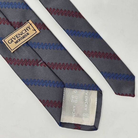 GIVENCHY MONSIEUR SILK TIE GRAY RED BLUE TEXTURED STRIPE 3" X 54" VINTAGE - Picture 2 of 3